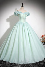 Green Tulle Long A-Line Prom Dresses, Lovely Off The Shoulder Evening Party Dresses