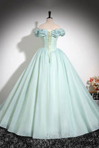 Green Tulle Long A-Line Prom Dresses, Lovely Off The Shoulder Evening Party Dresses