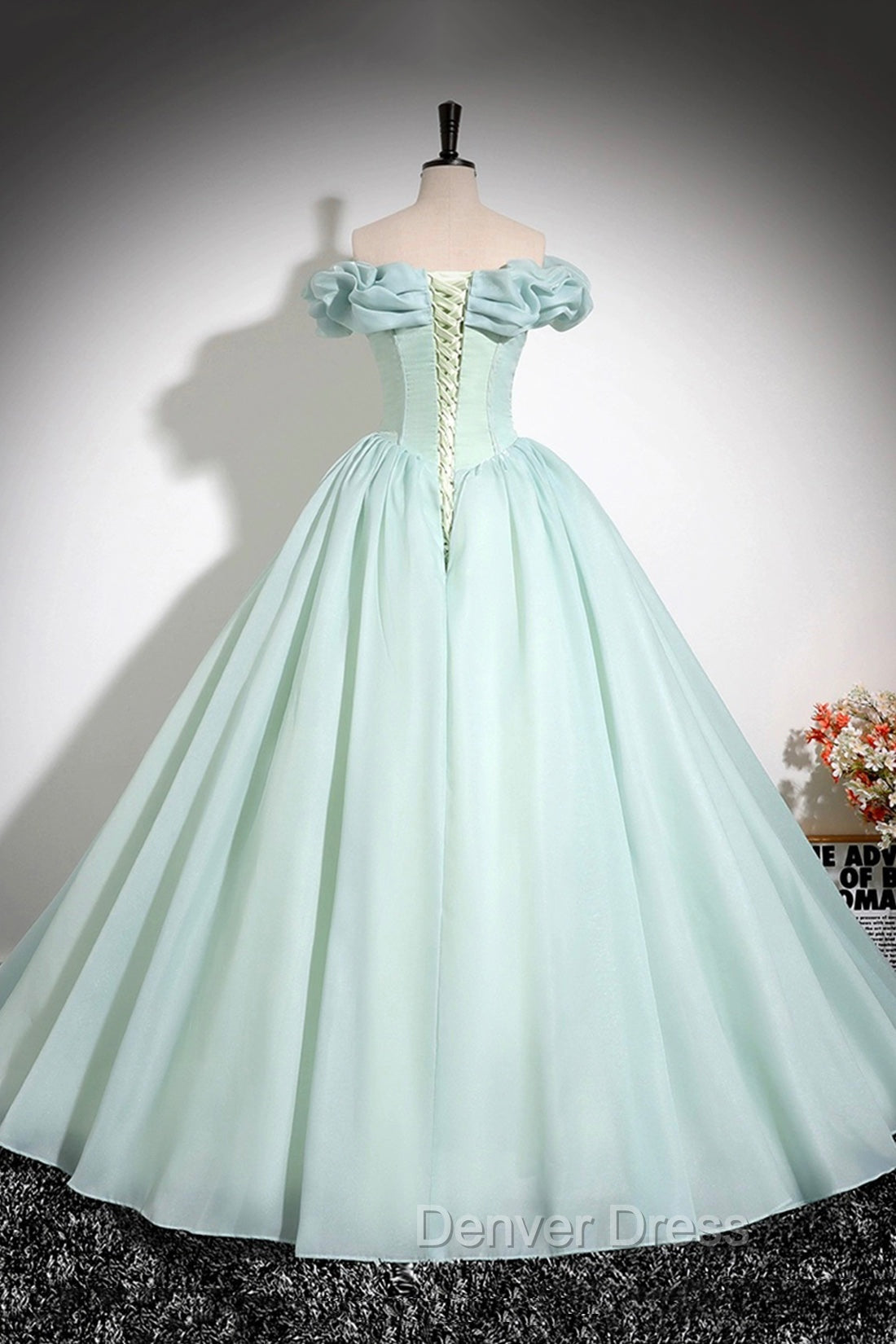 Green Tulle Long A-Line Prom Dresses, Lovely Off The Shoulder Evening Party Dresses