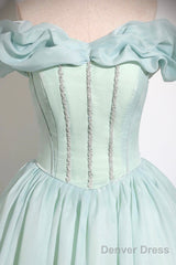 Green Tulle Long A-Line Prom Dress, Lovely Off The Shoulder Evening Party Dress