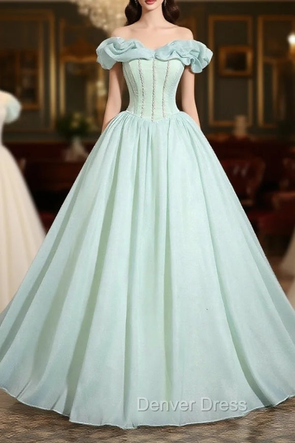 Green Tulle Long A-Line Prom Dresses, Lovely Off The Shoulder Evening Party Dresses Main image