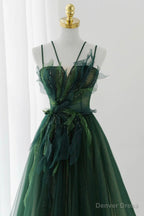 Green Tulle Long A Line Prom Dress, Spaghetti Straps Prom Dresses