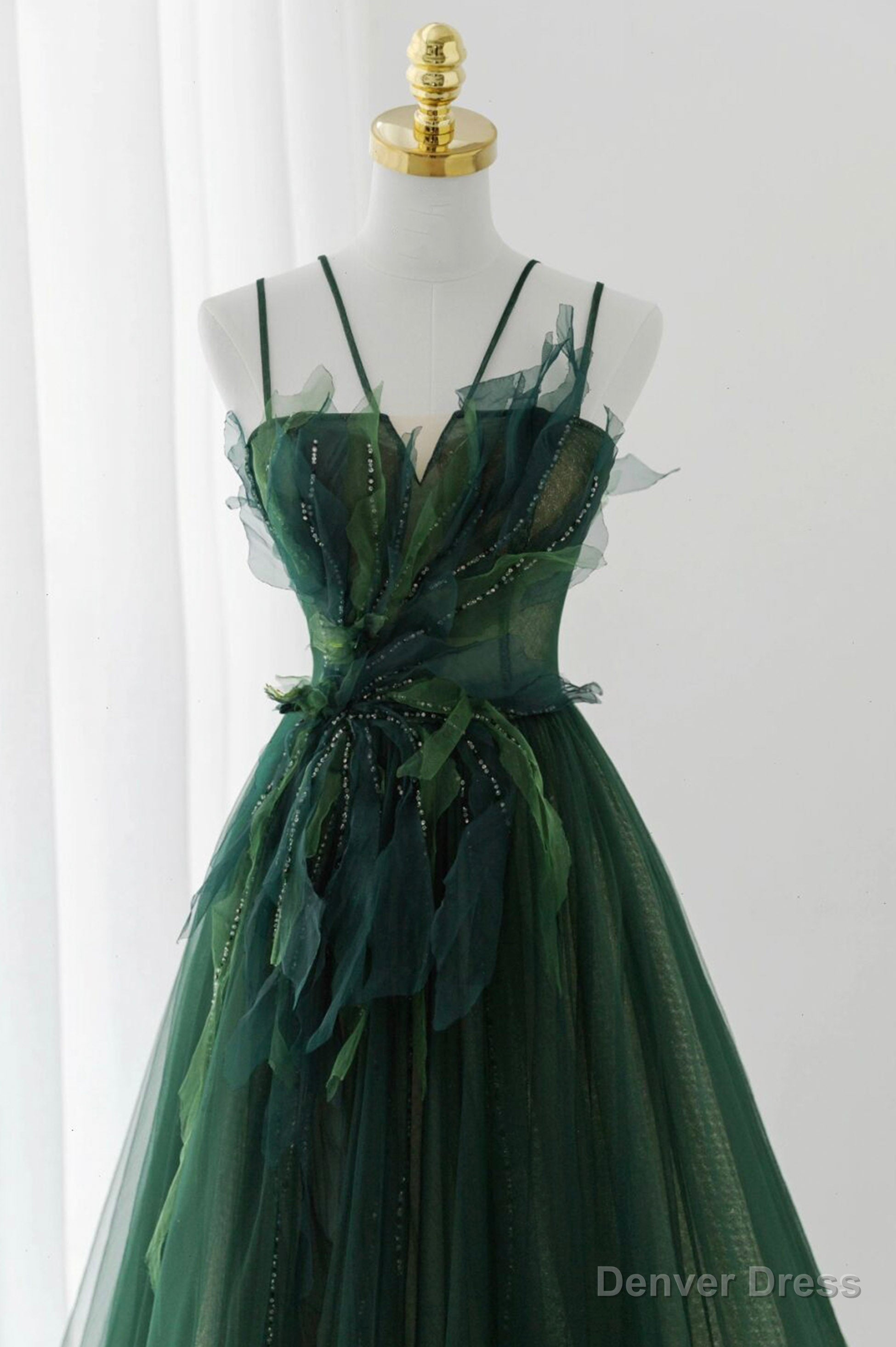 Green Tulle Long A Line Prom Dress, Spaghetti Straps Prom Dresses