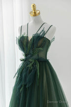 Green Tulle Long A Line Prom Dress, Spaghetti Straps Prom Dresses