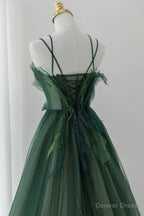 Green Tulle Long A Line Prom Dress, Spaghetti Straps Prom Dresses
