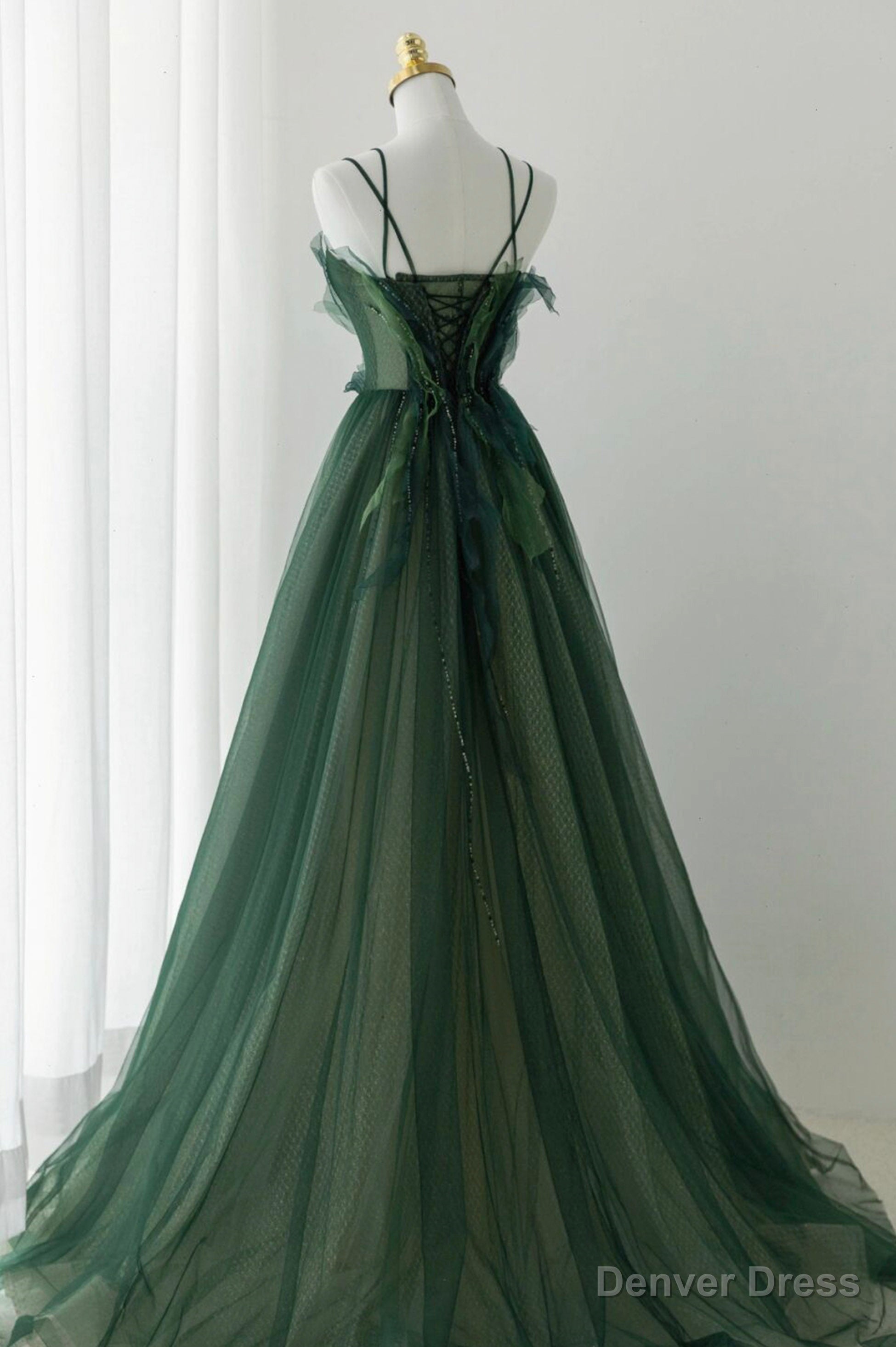 Green Tulle Long A Line Prom Dress, Spaghetti Straps Prom Dresses