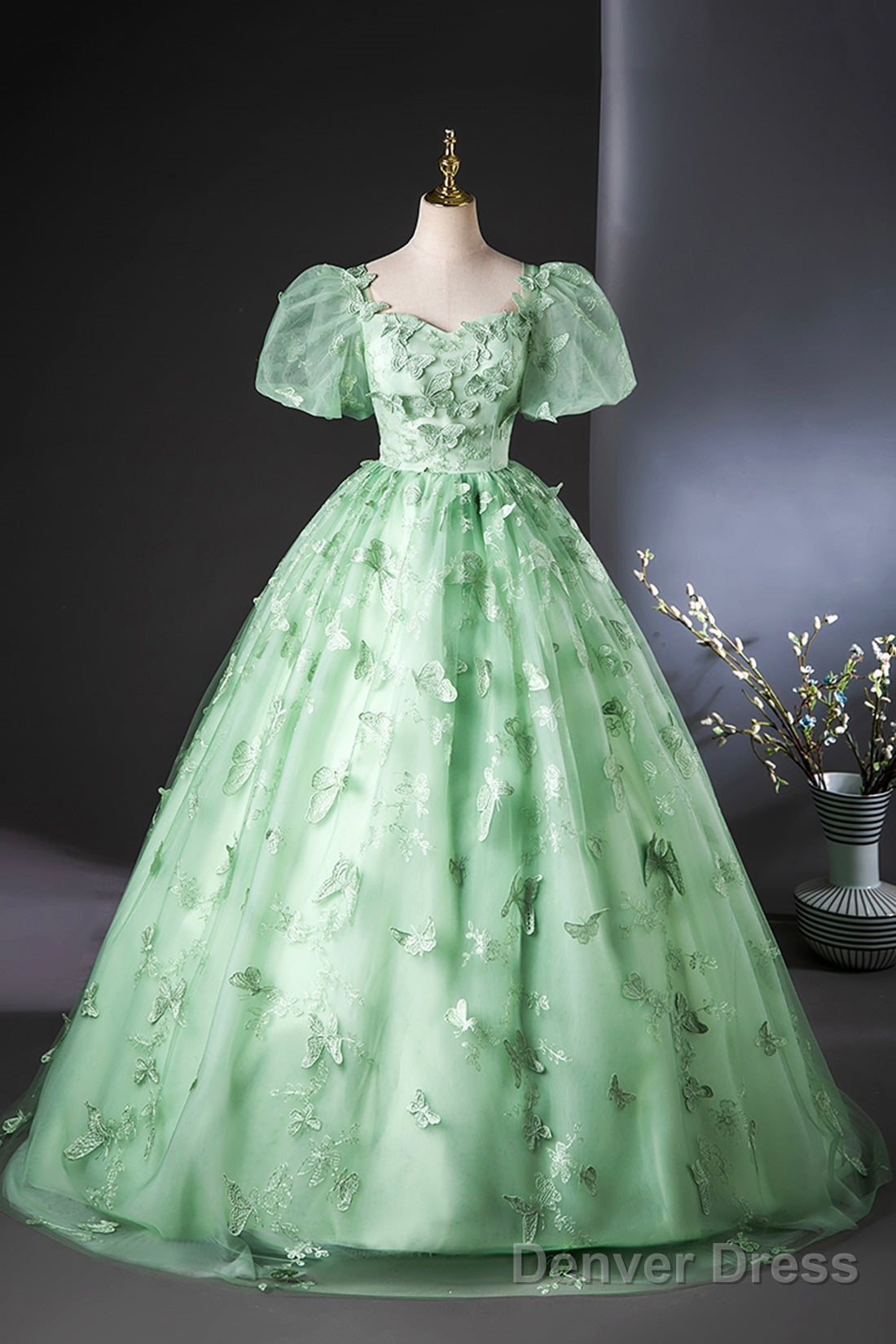 Green Tulle Long A-Line Prom Dress With Butterfly Lace, Beautiful  Short Sleeve Evening Dress