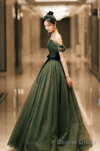 Green Tulle Long Prom Dress, Off The Shoulder A-Line Prom Dresses