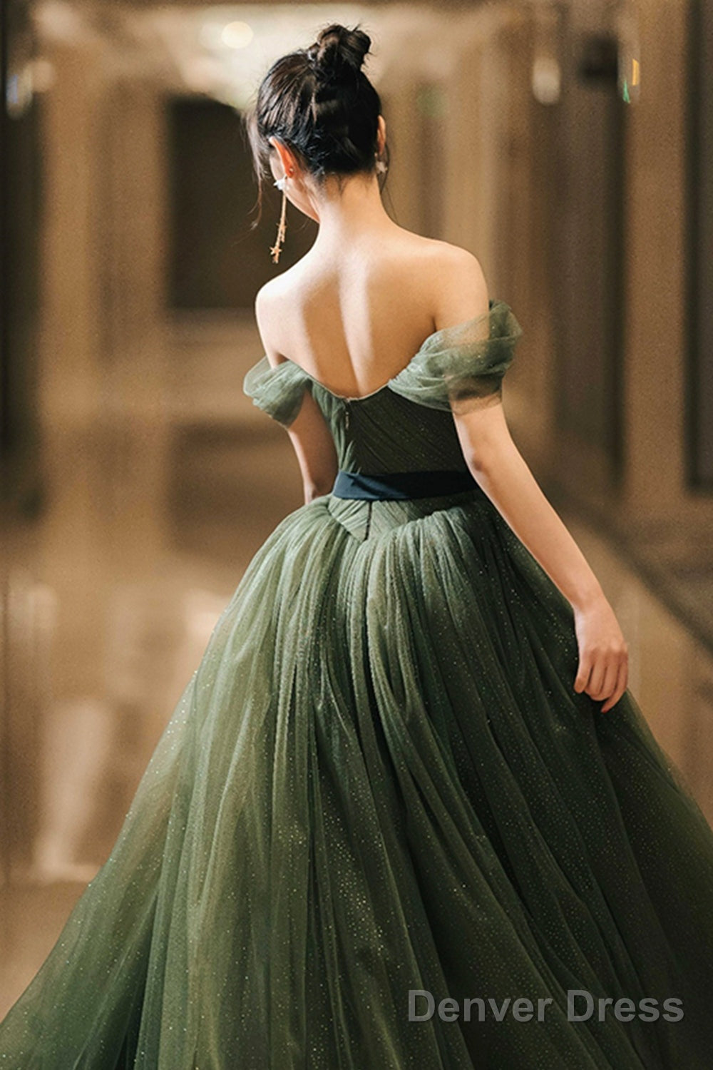 Green Tulle Long Prom Dress, Off The Shoulder A-Line Prom Dresses