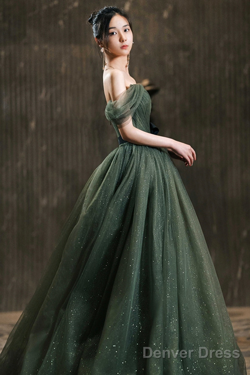 Green Tulle Long Prom Dress, Off The Shoulder A-Line Evening Party Dress