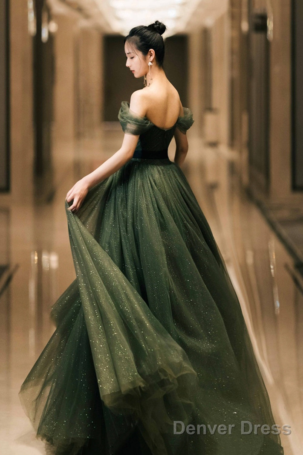 Green Tulle Long Prom Dress, Off The Shoulder A-Line Evening Party Dress Main image