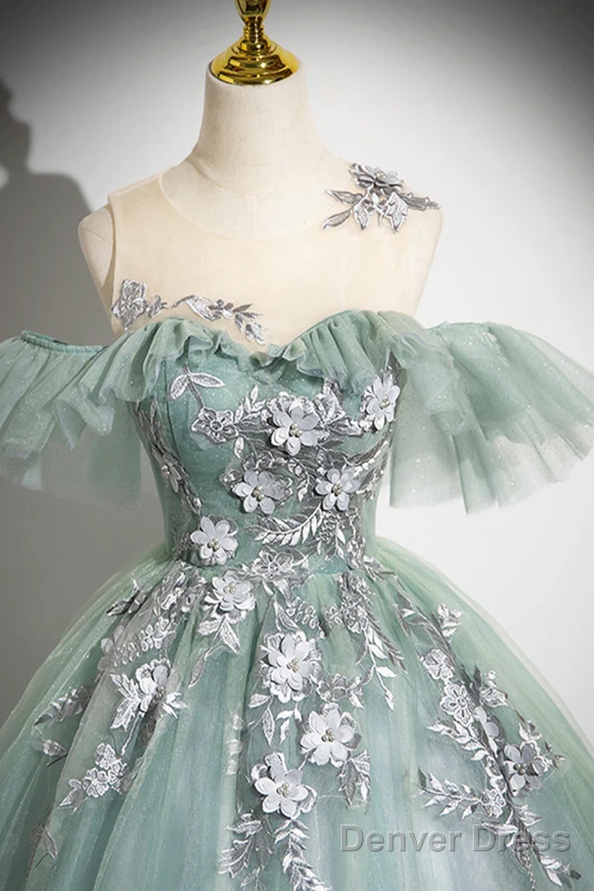 Green Tulle Long Prom Dress With Lace Applique, A-Line Off Shoulder Evening Dress Secondary image