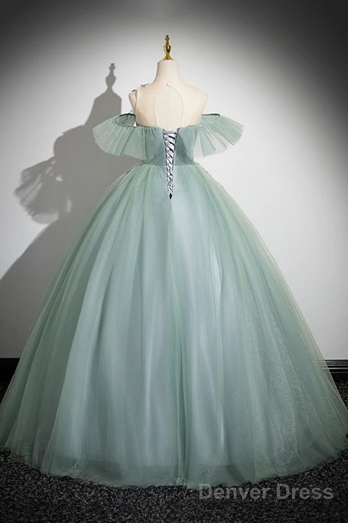 Green Tulle Long Prom Dress With Lace Applique, A-Line Off Shoulder Evening Dress