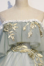 Green Tulle Long Prom Dresses with Lace, Off the Shoulder Prom Gowns