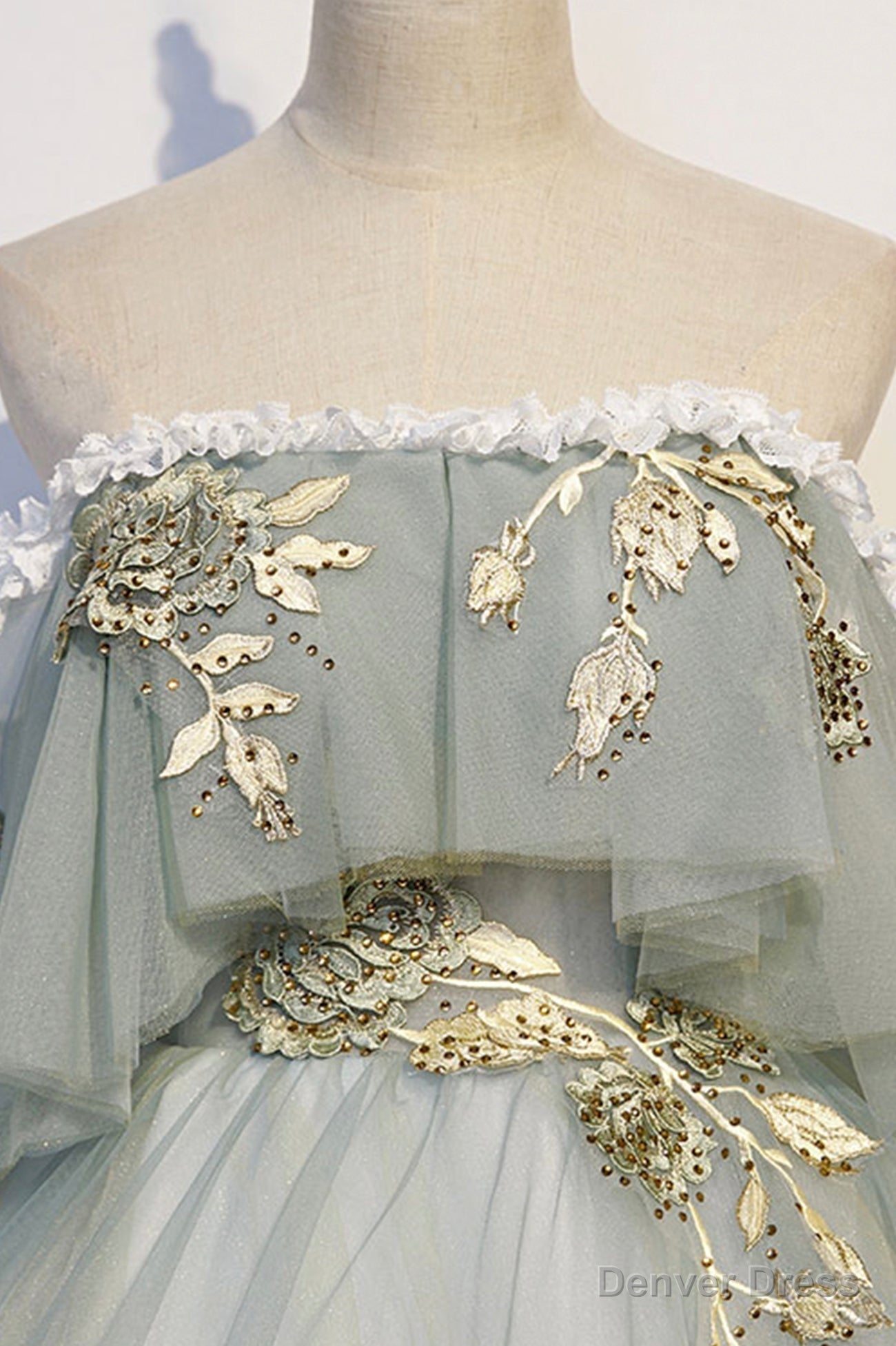 Green Tulle Long Prom Dresses with Lace, Off the Shoulder Prom Gowns