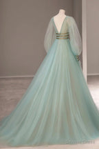 Green Tulle Long Prom Dress with Sequins, Green Long Sleeve Prom Dresses