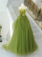 Green Tulle Long Prom Gowns, Green Tulle Long Prom Dresses