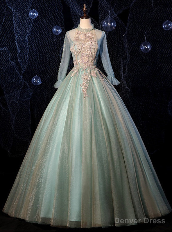 Green Tulle Long Sleeve Appliques Beading Quinceanera Dress Main image