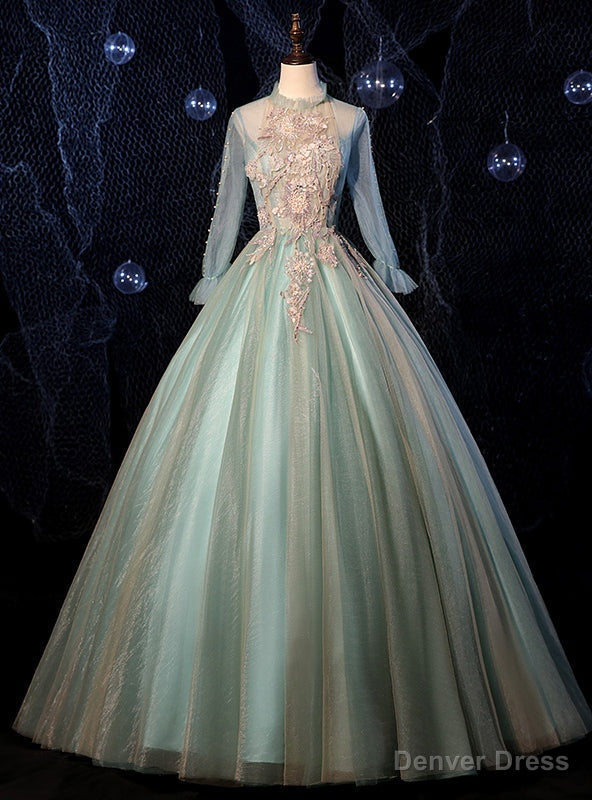 Green Tulle Long Sleeve Appliques Quinceanera Dress Main image
