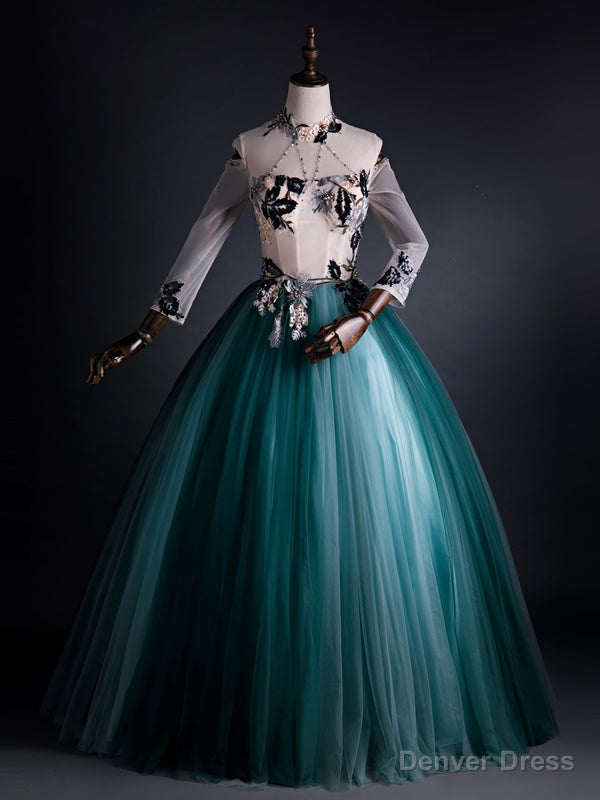 Green Tulle Long Sleeve Backless Appliques Quinceanera Dress Main image