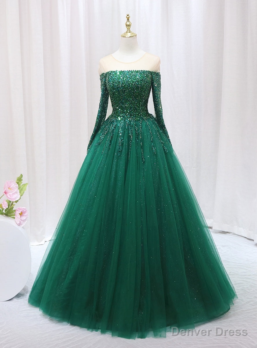 Green Tulle LOng Sleeve Beading Sequins Prom Dress Main image