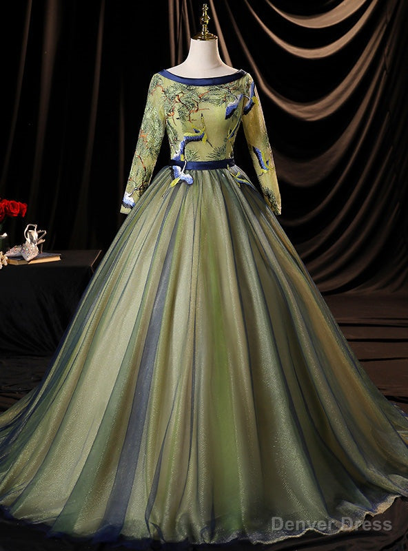 Green Tulle long Sleeve Embroidery Appliques Quinceanera Dress Main image