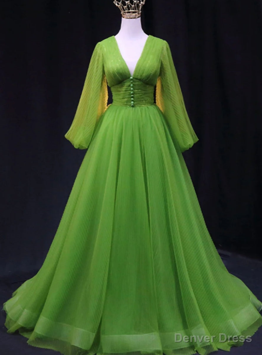 Green Tulle Long Sleeve V-neck Pleats Prom Dress Main image