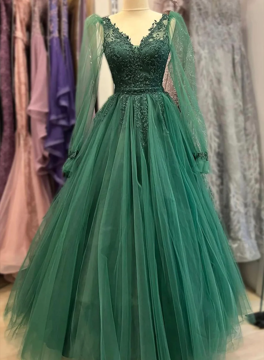 Green Tulle Long Sleeves A-Line With Lace Prom Dress, Green Wedding Prom Dresses Main image