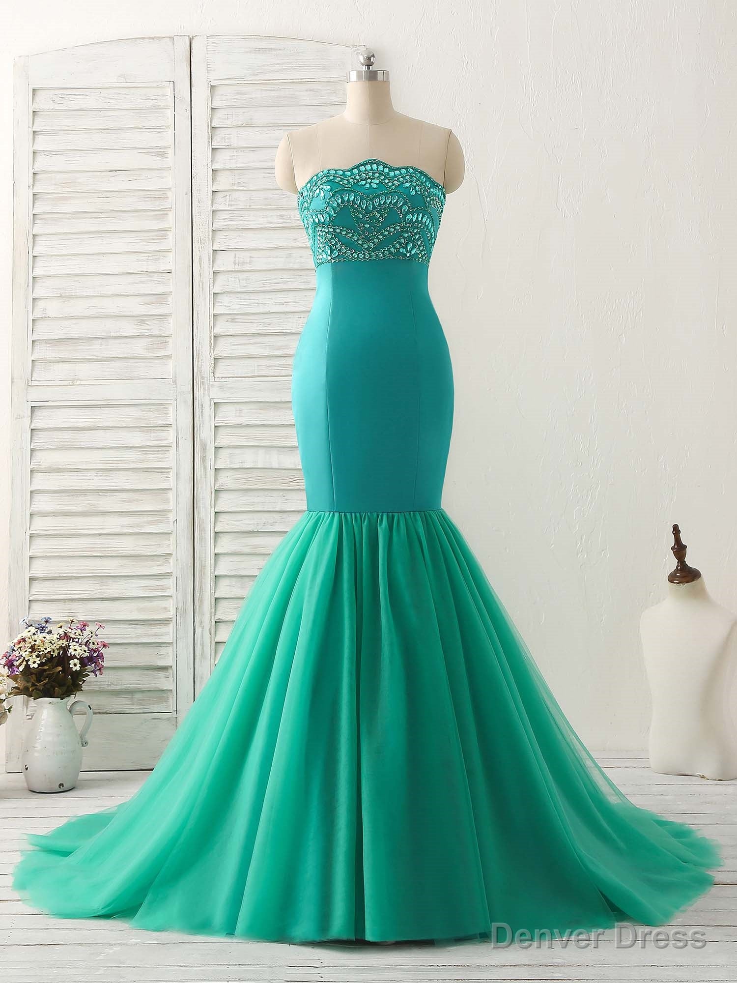 Green Tulle Mermaid Long Prom Dress Green Evening Dress Main image