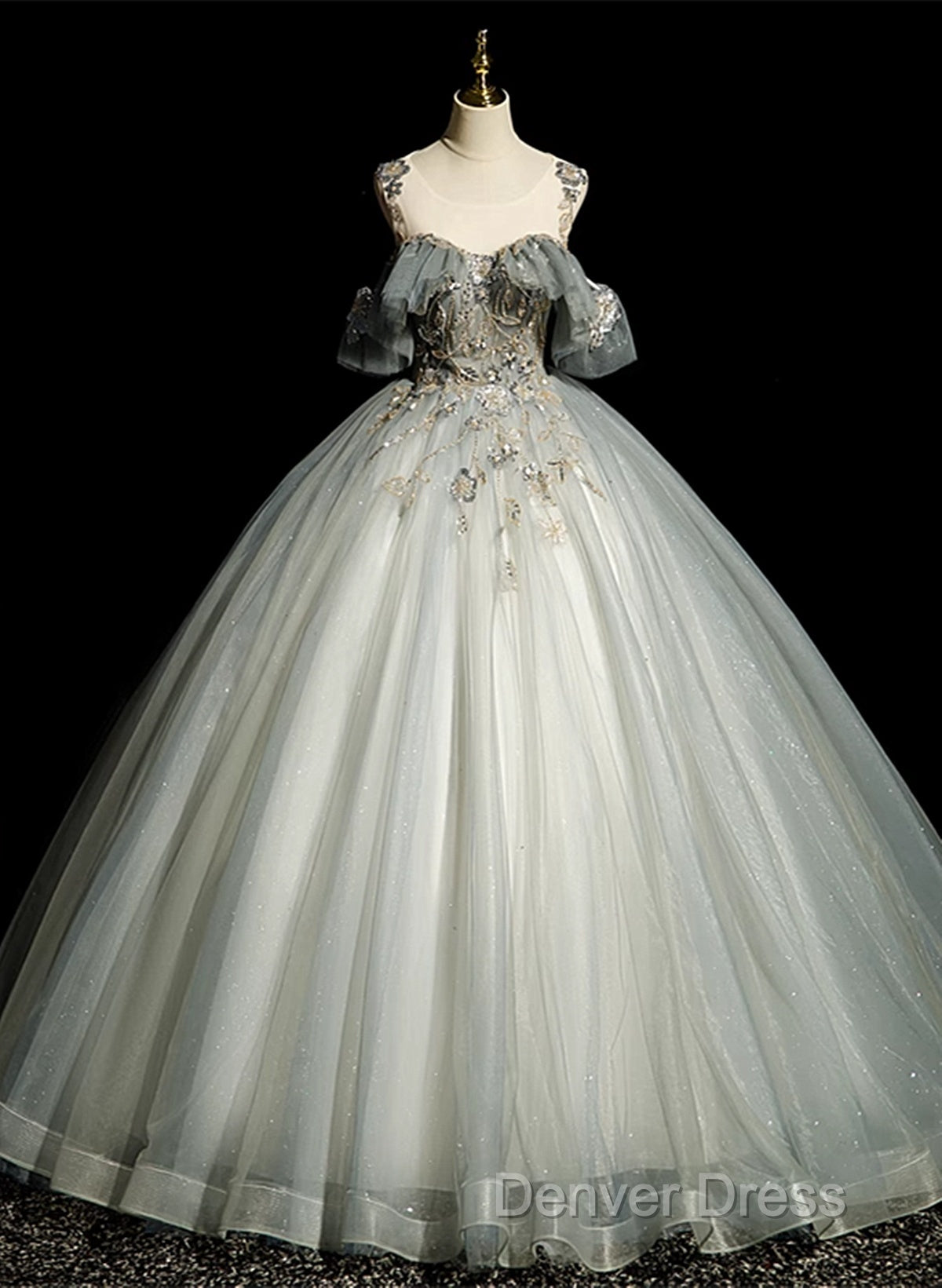 Green Tulle Off Shoulder Ball Gowns Beaded Sweet 16 Dress, Green Tulle Prom Dresses Secondary image