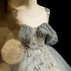 Green Tulle Off Shoulder Ball Gowns Beaded Sweet 16 Dress, Green Tulle Prom Dresses
