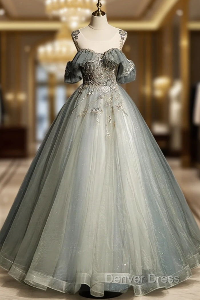 Green Tulle Off Shoulder Ball Gowns Beaded Sweet 16 Dress, Green Tulle Prom Dresses Main image