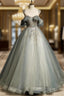 Green Tulle Off Shoulder Ball Gowns Beaded Sweet 16 Dress, Green Tulle Prom Dresses