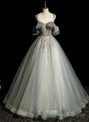Green Tulle Off Shoulder Ball Gown Beaded Sweet 16 Dress, Green Tulle Formal Dress