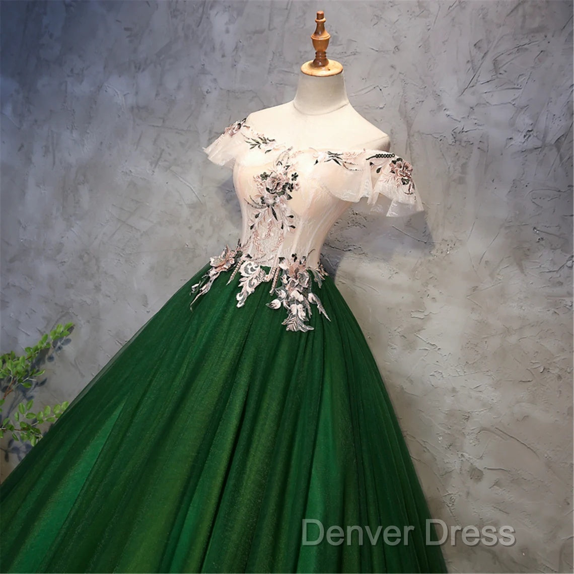 Green Tulle Off Shoulder Long Prom Dresses With Lace, Sweet 16 Gowns Secondary image