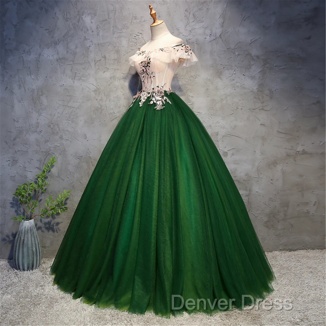 Green Tulle Off Shoulder Long Prom Dresses With Lace, Sweet 16 Gowns