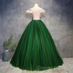 Green Tulle Off Shoulder Long Prom Dresses With Lace, Sweet 16 Gowns