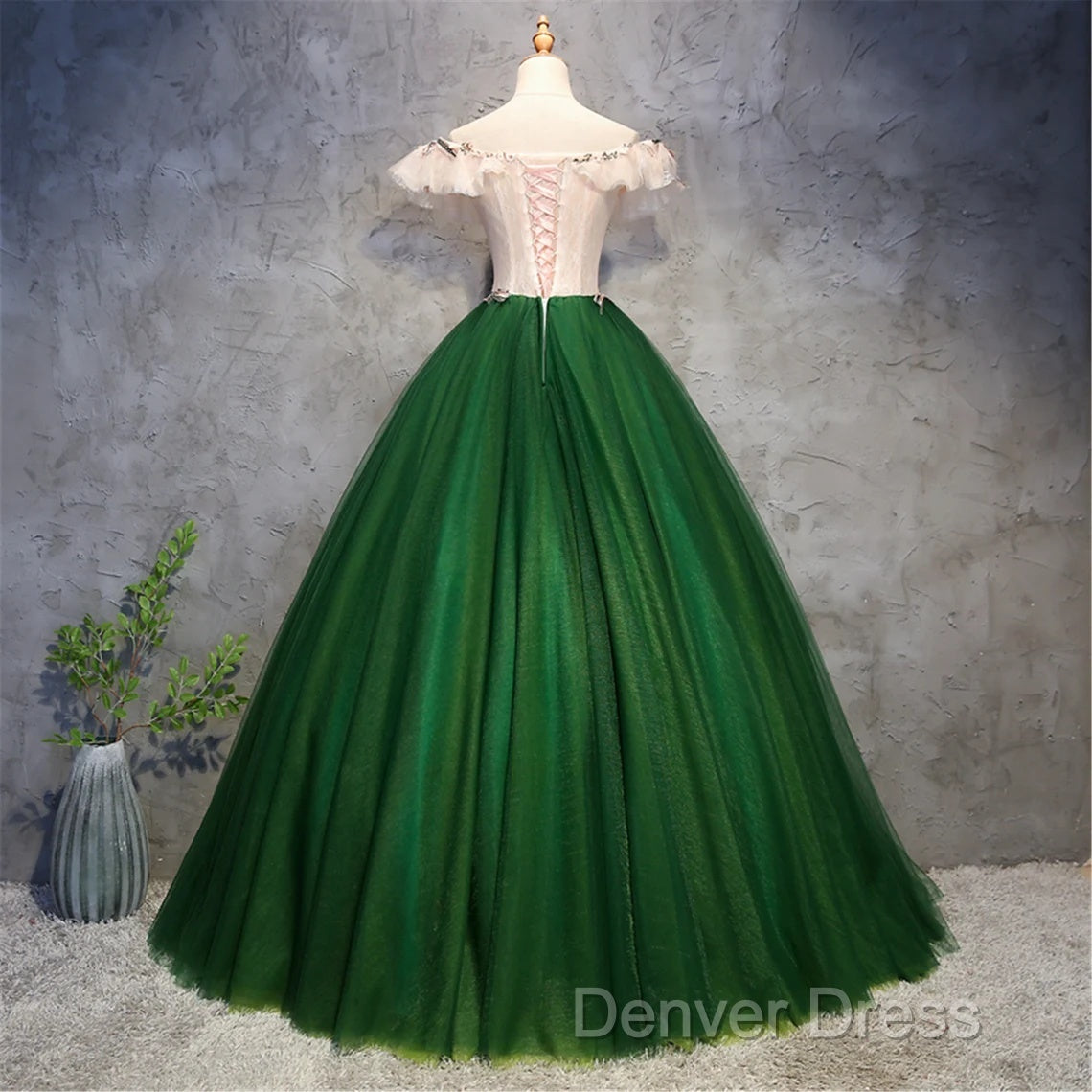 Green Tulle Off Shoulder Long Prom Dresses With Lace, Sweet 16 Gowns