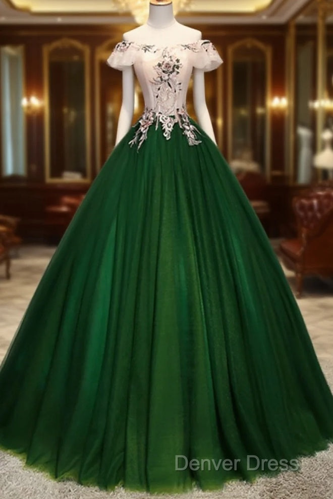 Green Tulle Off Shoulder Long Prom Dresses With Lace, Sweet 16 Gowns
