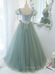 Green Tulle Off Shoulder Long Prom Dresses, Green Tulle Formal Dresses