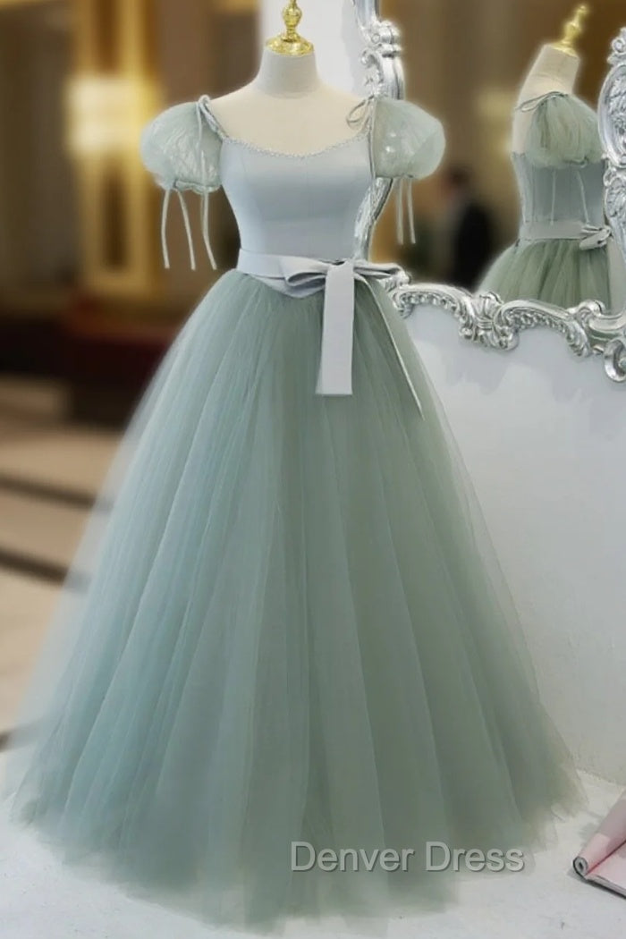 Green Tulle Off Shoulder Long Prom Dresses, Green Tulle Formal Dresses Main image