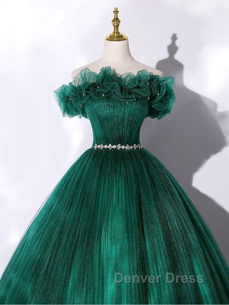 Green tulle off shoulder long prom Dresses green tulle Prom Gowns Secondary image