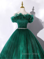 Green tulle off shoulder long prom Dresses green tulle Prom Gowns