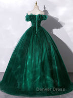 Green tulle off shoulder long prom Dresses green tulle Prom Gowns