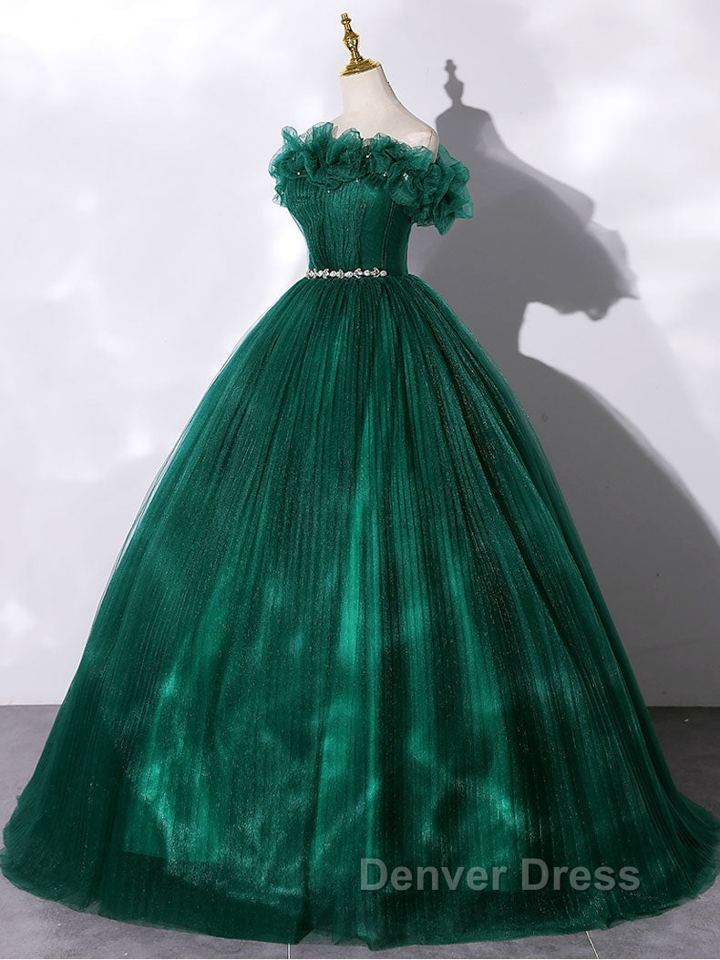 Green tulle off shoulder long prom Dresses green tulle Prom Gowns
