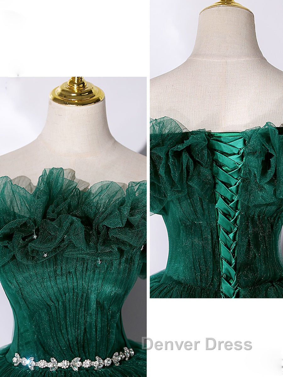 Green tulle off shoulder long prom Dresses green tulle Prom Gowns