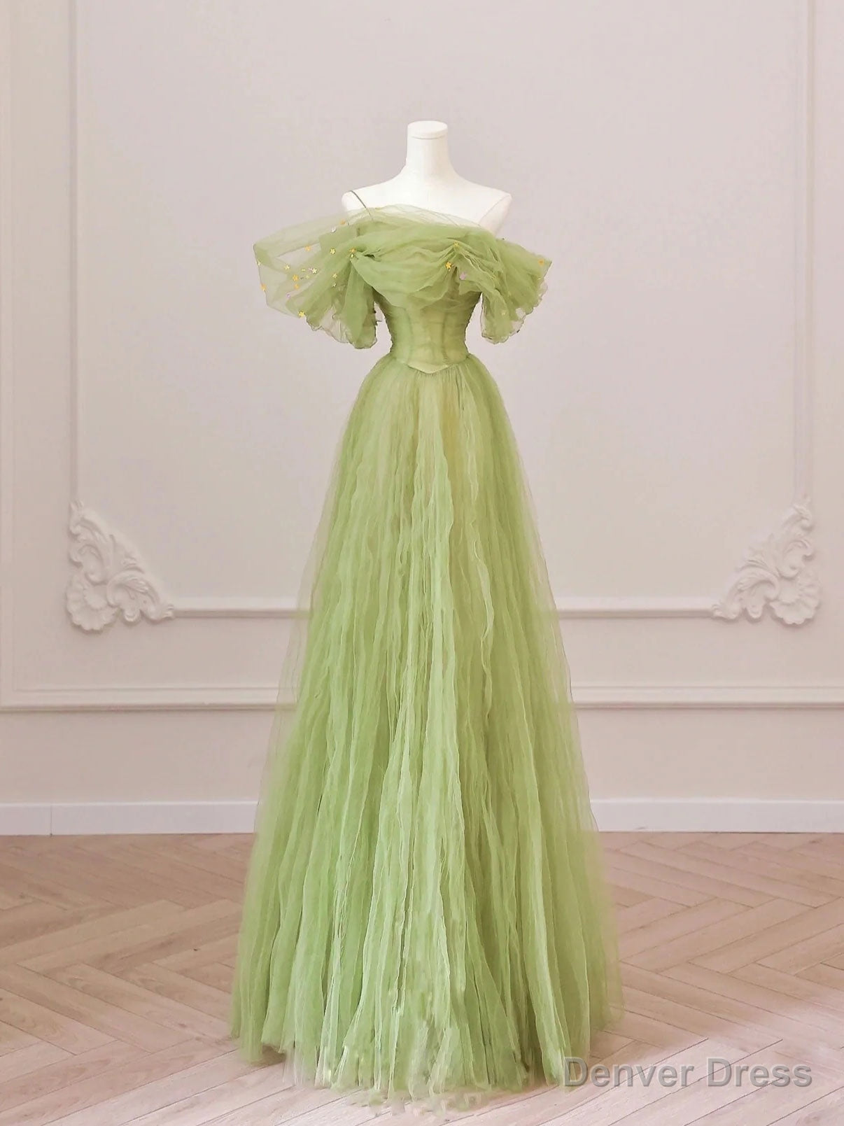 Green Tulle Off Shoulder Long Prom Dresses, Green Tulle Formal Evening Dress Main image