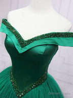 Green Tulle Off Shoulder Tulle Beads Long Prom Dress, Green Prom Graduation Dresses