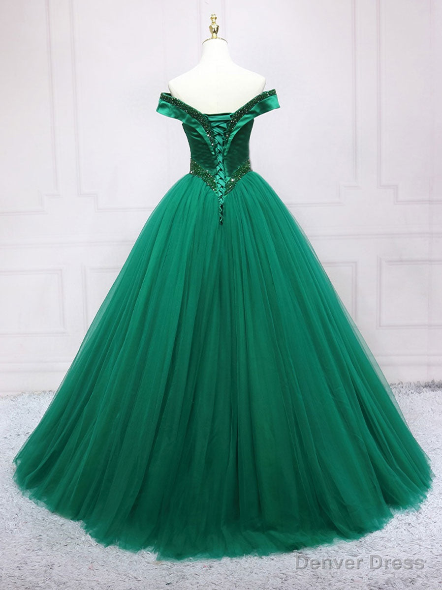 Green Tulle Off Shoulder Tulle Beads Long Prom Dress, Green Formal Graduation Dresses Secondary image