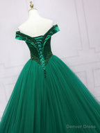 Green Tulle Off Shoulder Tulle Beads Long Prom Dress, Green Prom Graduation Dresses